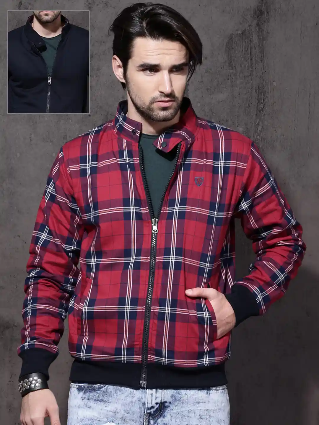 Roadster Men Red Blue Checked Reversible Bomber Jacket