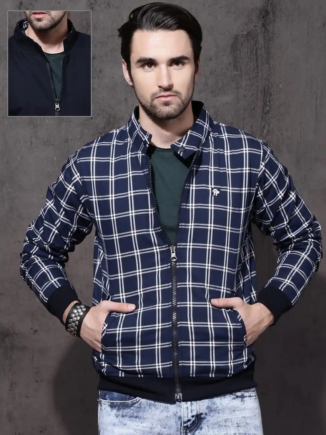 Buy Roadster Men Blue Checked Reversible Bomber Jacket Jackets
