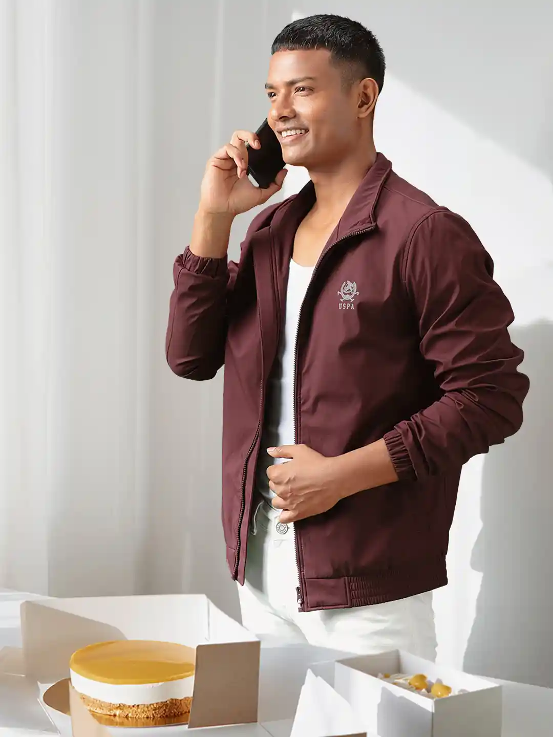 Bomber Jacket Maroon Shirt Jacket Polo Men Wine Solid Brand Logo