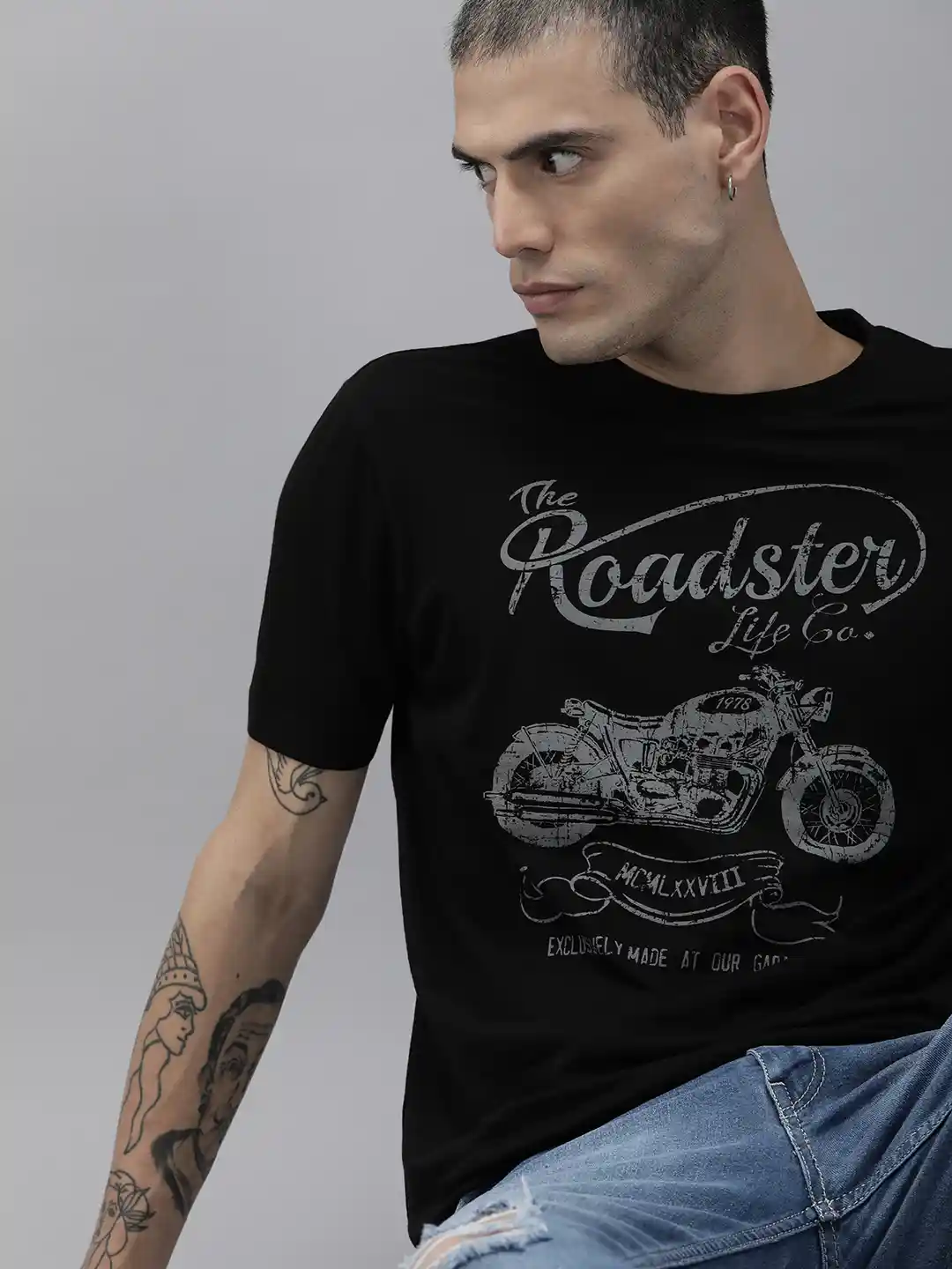Buy Roadster Men Black Biker Printed Pure Cotton T-shirt Tshirts