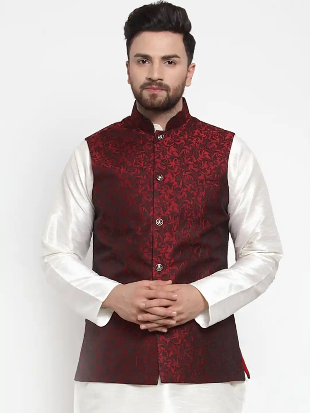 Jompers Men Maroon Black Floral Woven Design Waistcoat
