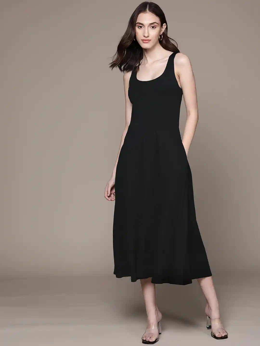 Buy Macy's Alfani Black Solid A-Line Midi Dress Dresses for