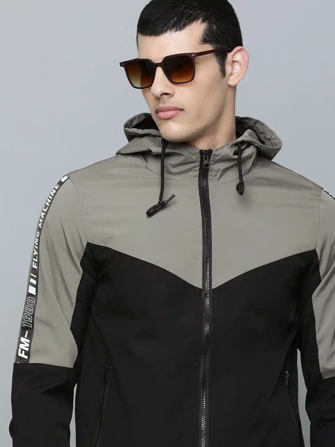 Buy Flying Machine Men Grey Black Hooded Bomber Jacket Jackets