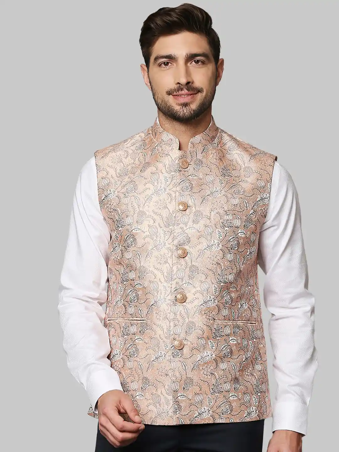 Buy Raymond Men Beige Floral Woven Design Nehru Jacket Nehru