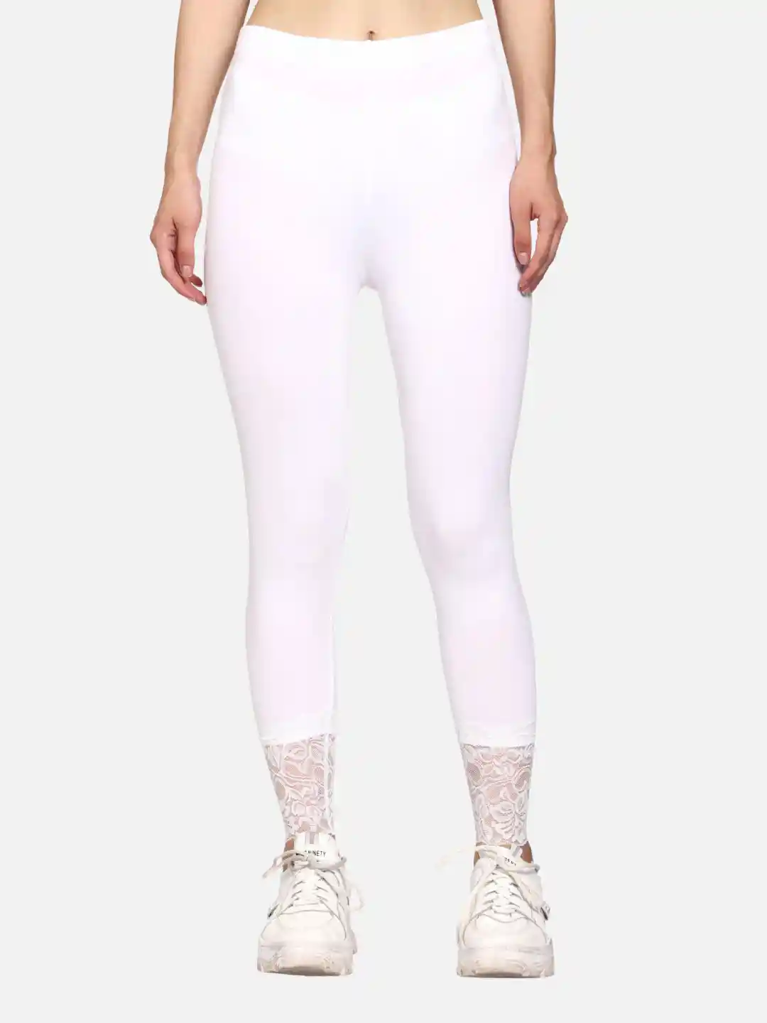 Buy Outflits Women White Solid Ankle-Length Leggings With Lace