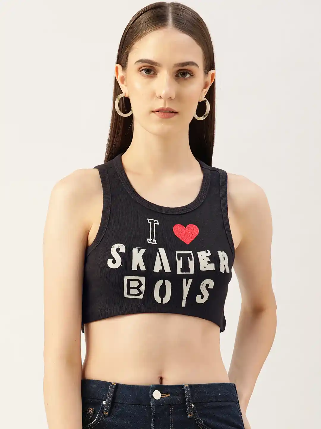 Buy FOREVER 21 Women Black White Printed Ribbed Crop Top Tops