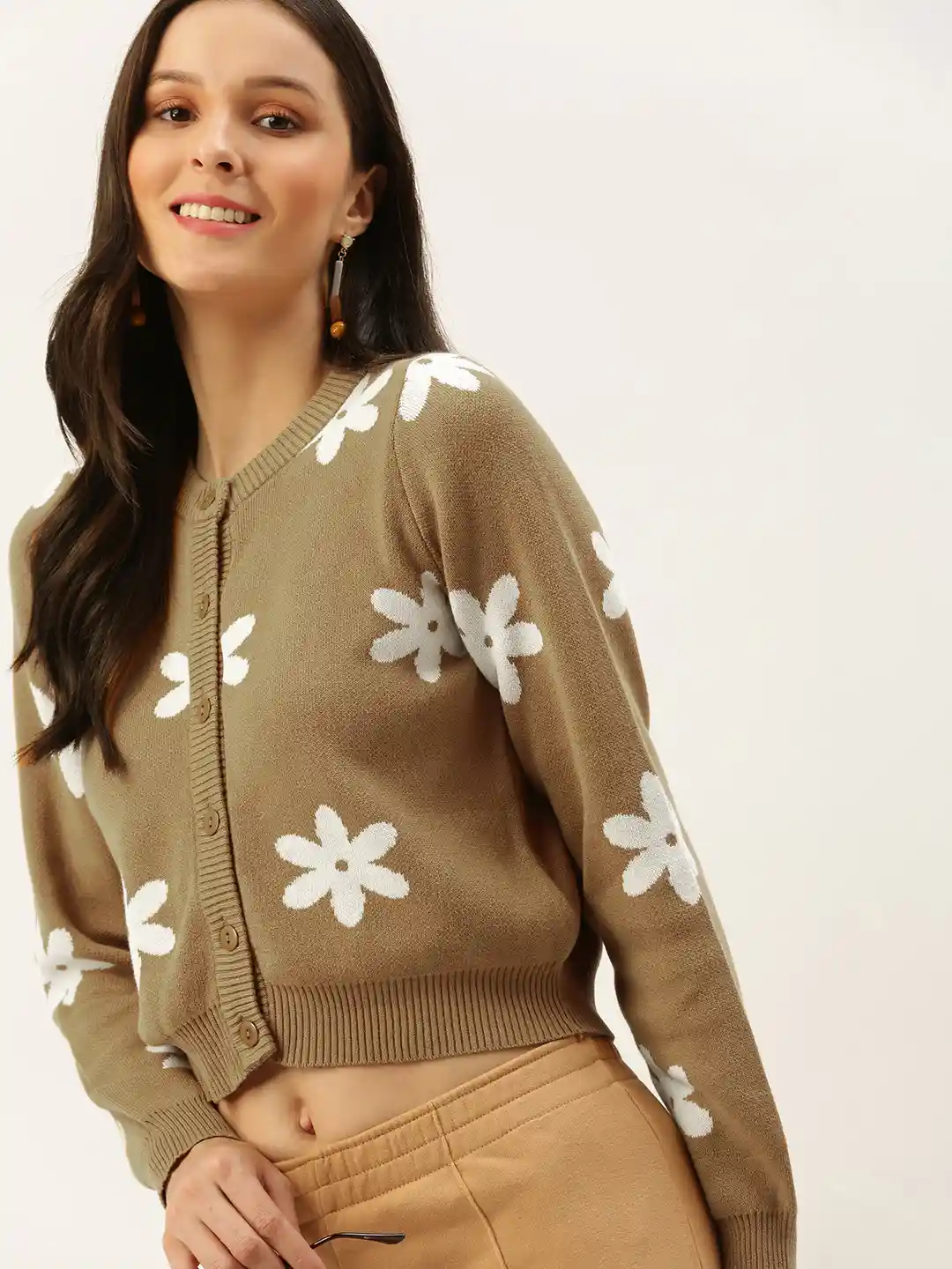Buy FOREVER 21 Women Camel Brown White Floral Cardigan