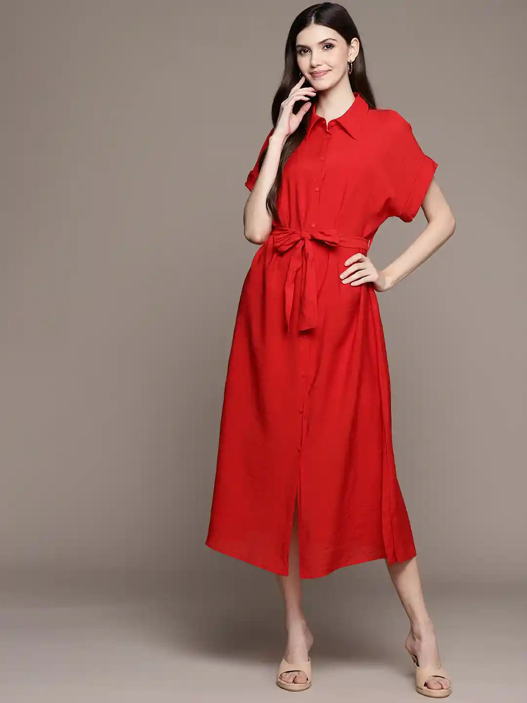 Buy MANGO Red Solid Shirt Midi Dress Dresses for Women 19101162