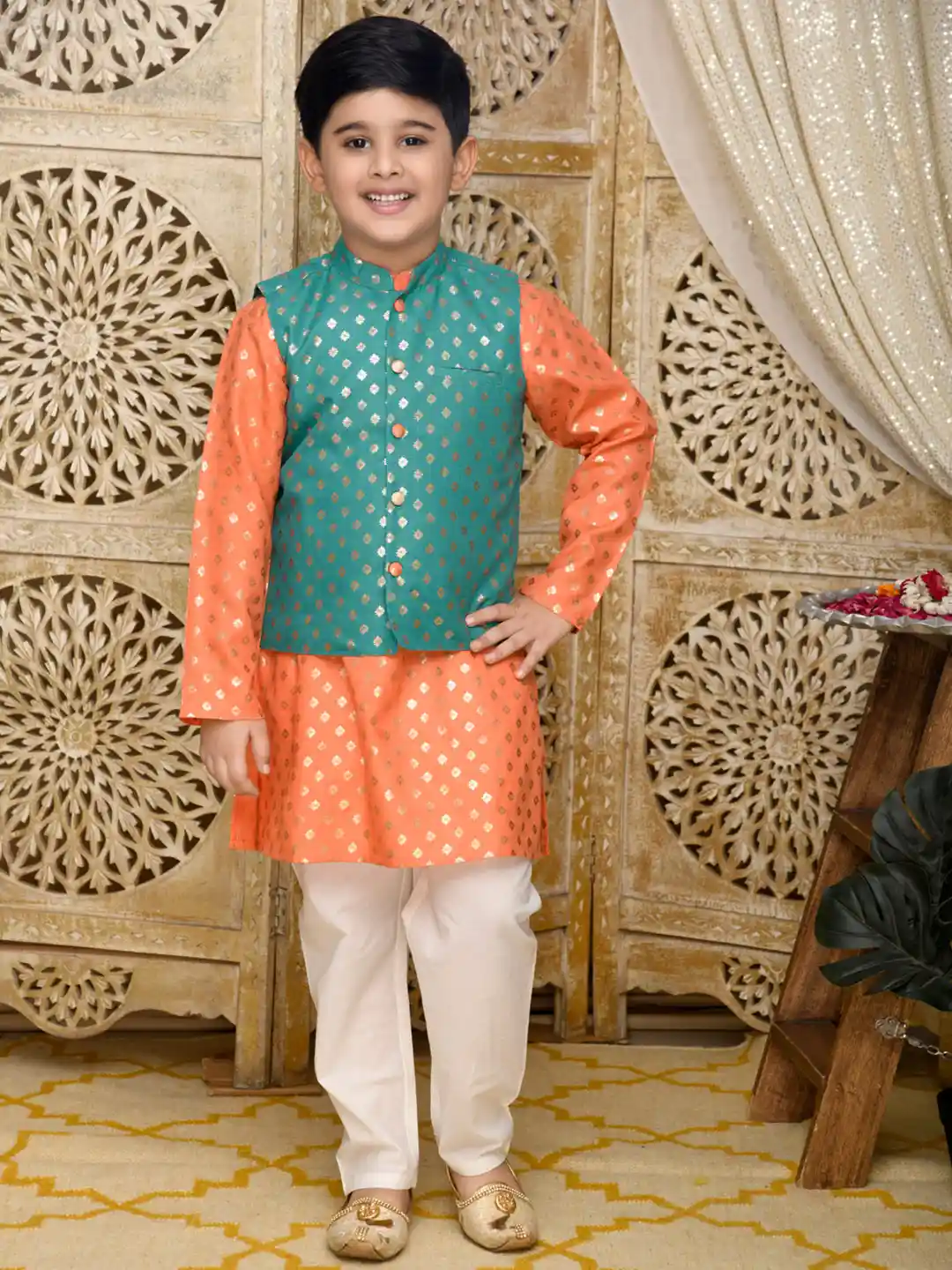 Buy SAKA DESIGNS Boys Orange Printed Kurti with Churidar Green