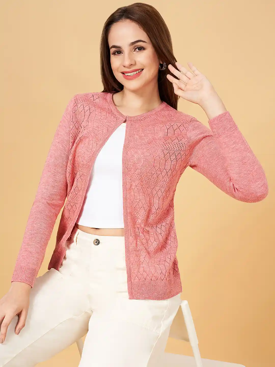 Buy Honey by Pantaloons Women Pink V-Neck Front Open Sweaters