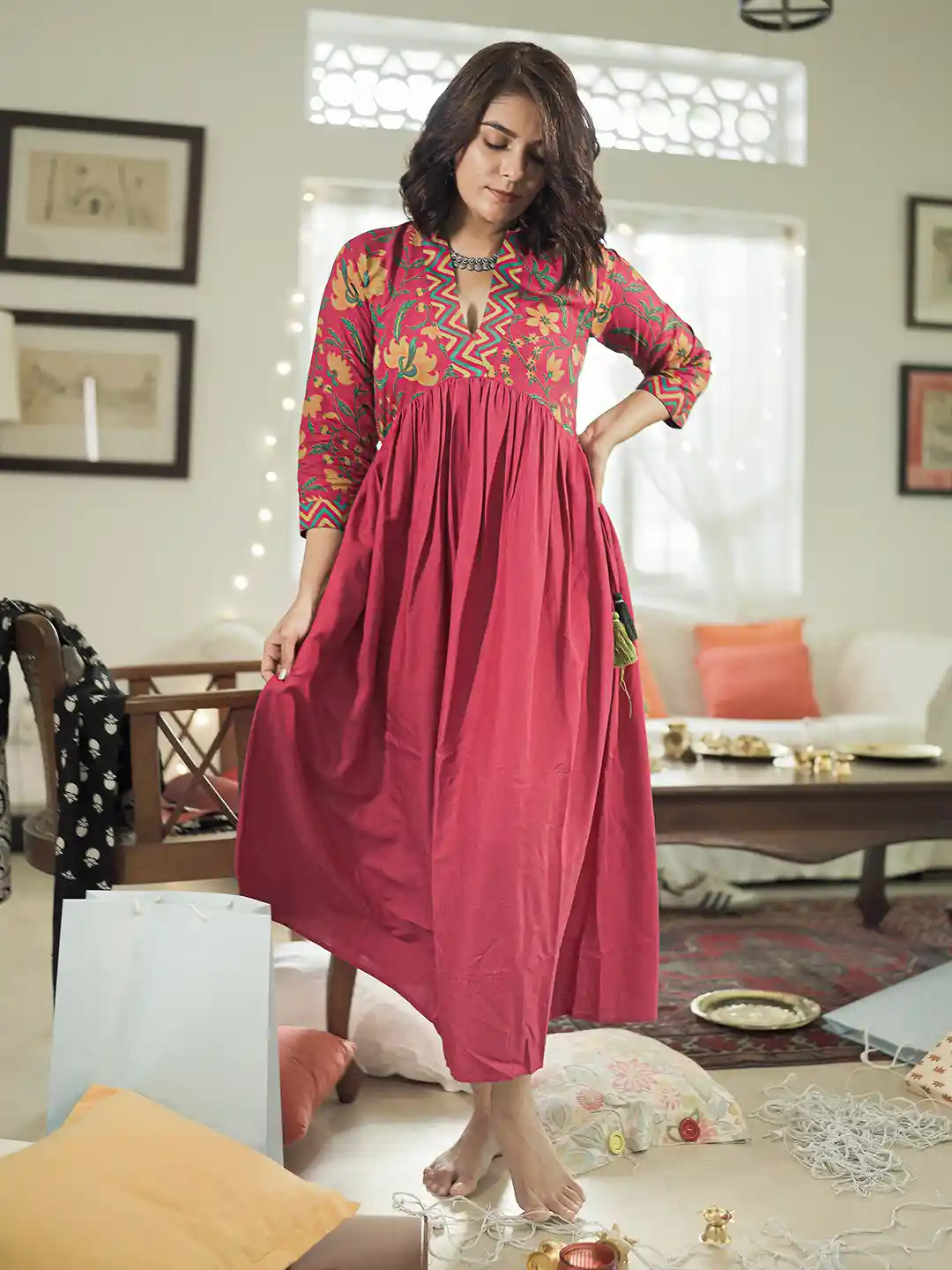 Buy Rustorange Women Pink Floral Rayon A-Line Midi Dress Dresses