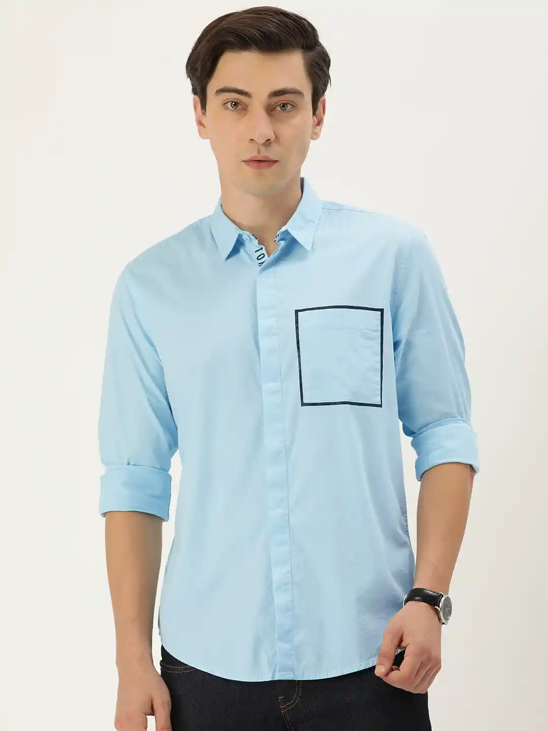 FOREVER 21 Men Light Blue Solid Regular Fit Casual Shirt