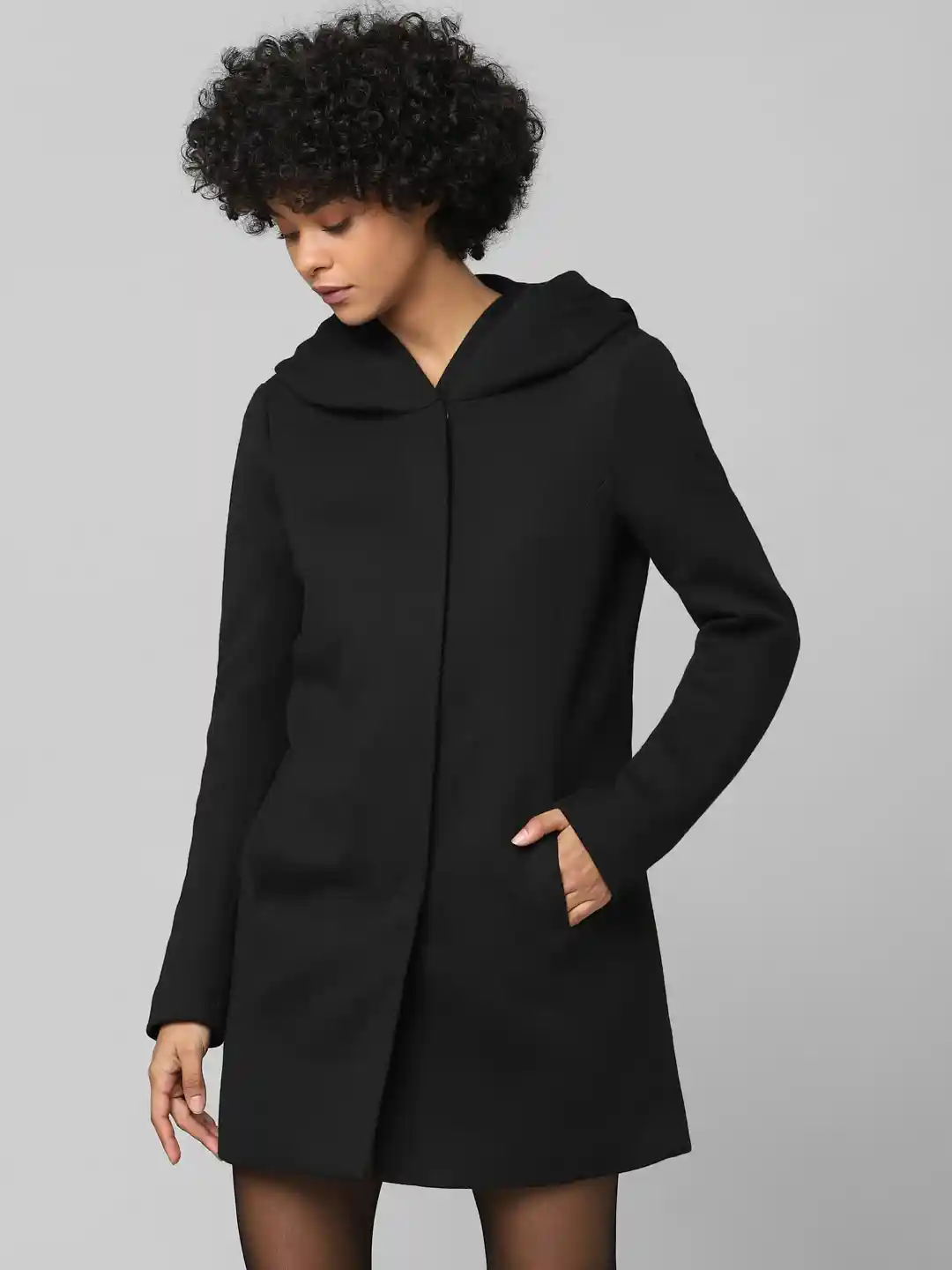 Buy ONLY Women Black Regular Fit Solid Longline Over Coat Coats