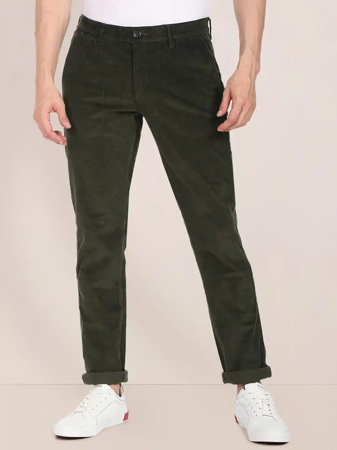Polo Men Olive Green Slim Fit Corduroy Trousers