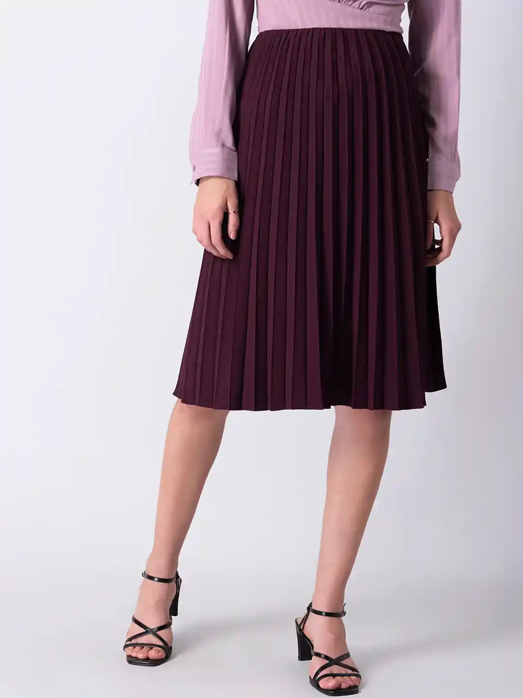 Buy FabAlley Women Purple Solid Pleated Flared Midi Skirts