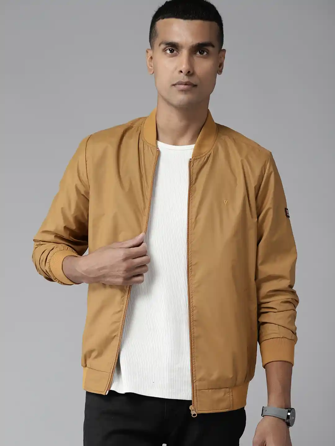 Buy Van Heusen Men Mustard Yellow Solid Bomber Jacket Jackets