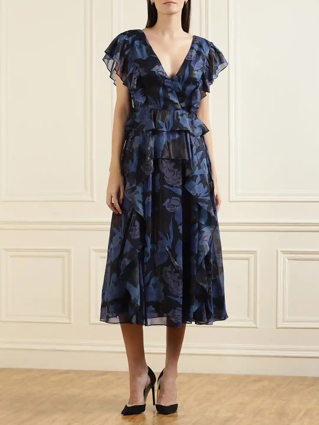 Buy Ted Baker Women Navy Blue Floral Ruffle Midi Dress Dresses