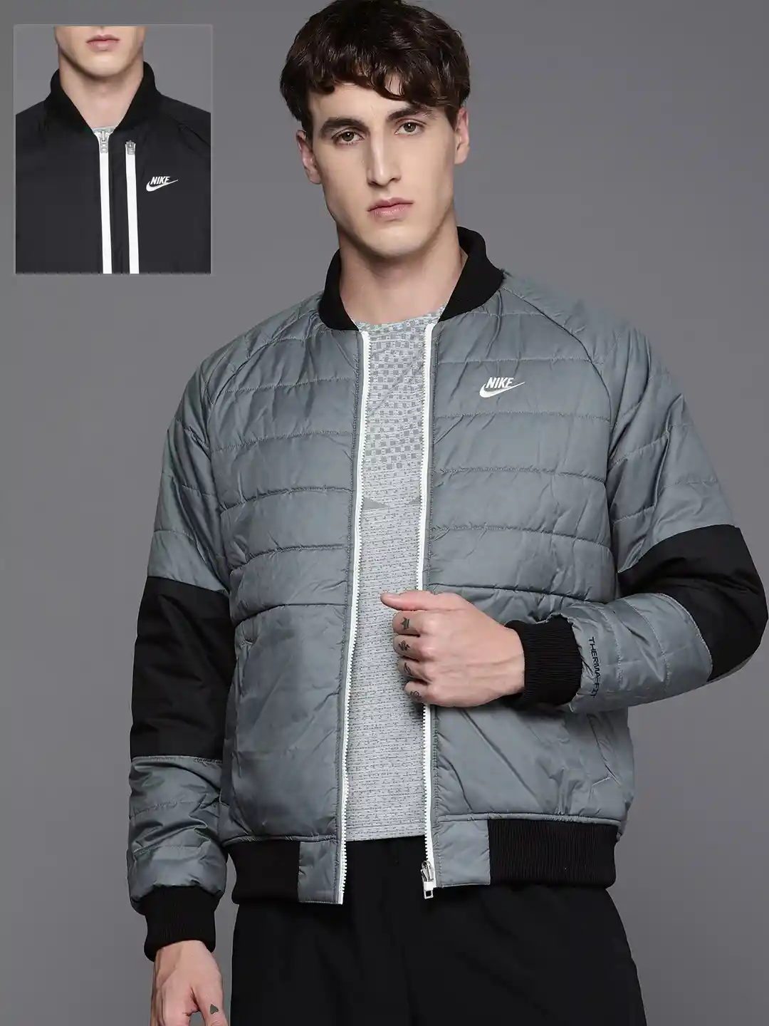 Buy Nike Men Black Grey Solid Therma-FIT Reversible Bomber Jacket