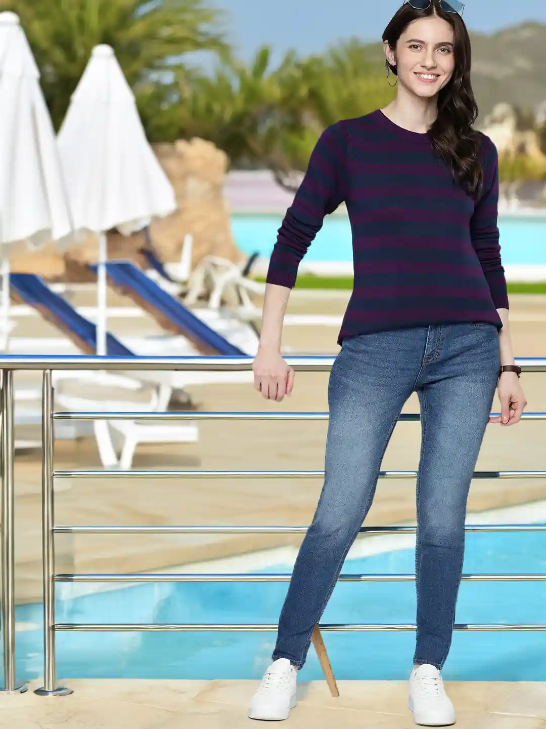 Buy Mast Harbour Women Purple Navy Blue Striped Sweater