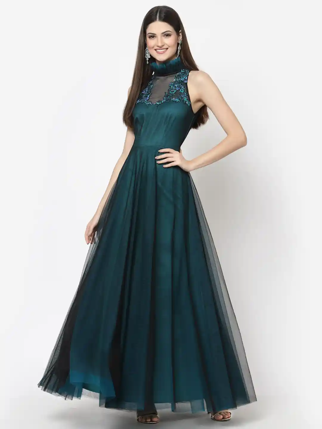 Buy Just Wow Green High Neck Embellished Net Maxi Dress Dresses