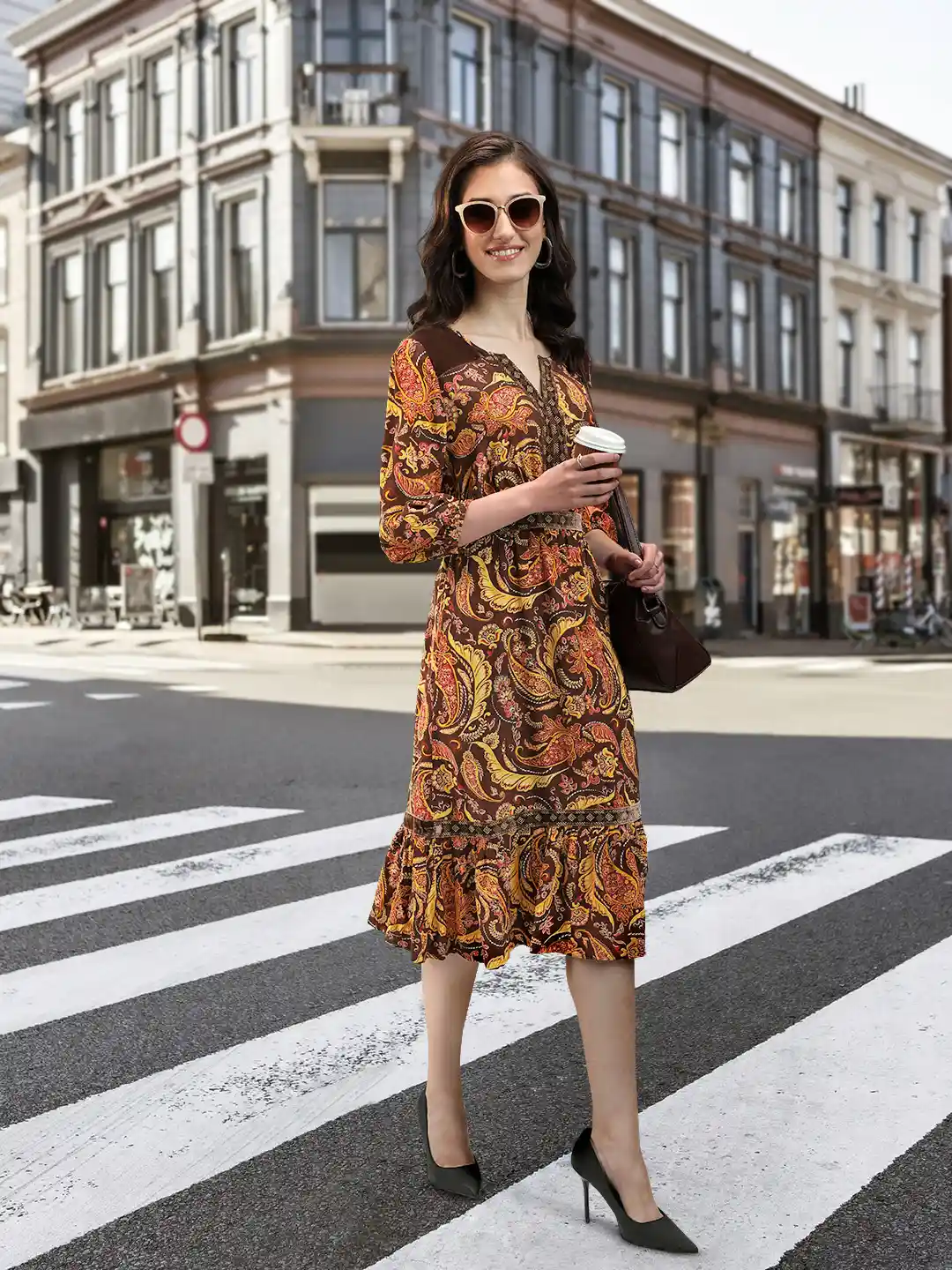 Marks Spencer Women Brown Yellow Floral A-Line Tiered Dress