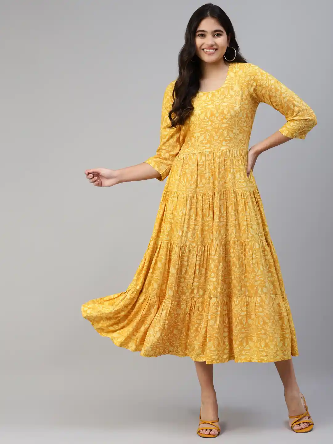 Buy Ayaany Women Mustard Yellow Floral Midi Dress Dresses for