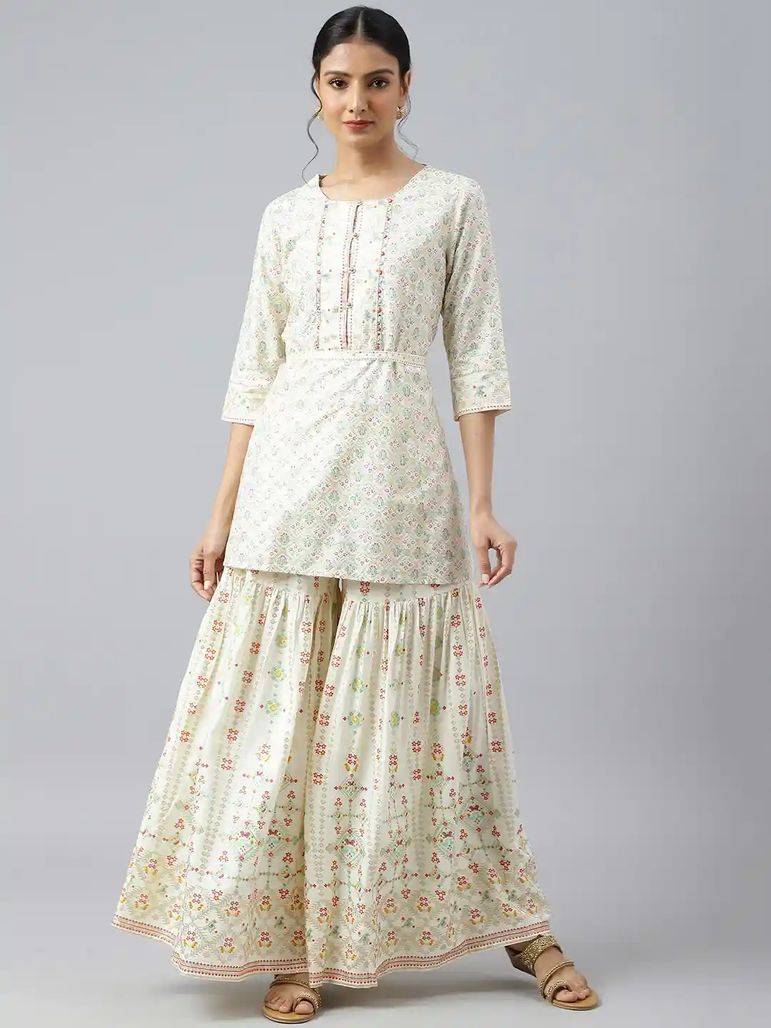Buy W Women White Ethnic Motifs Printed Layered Kurti with Sharara