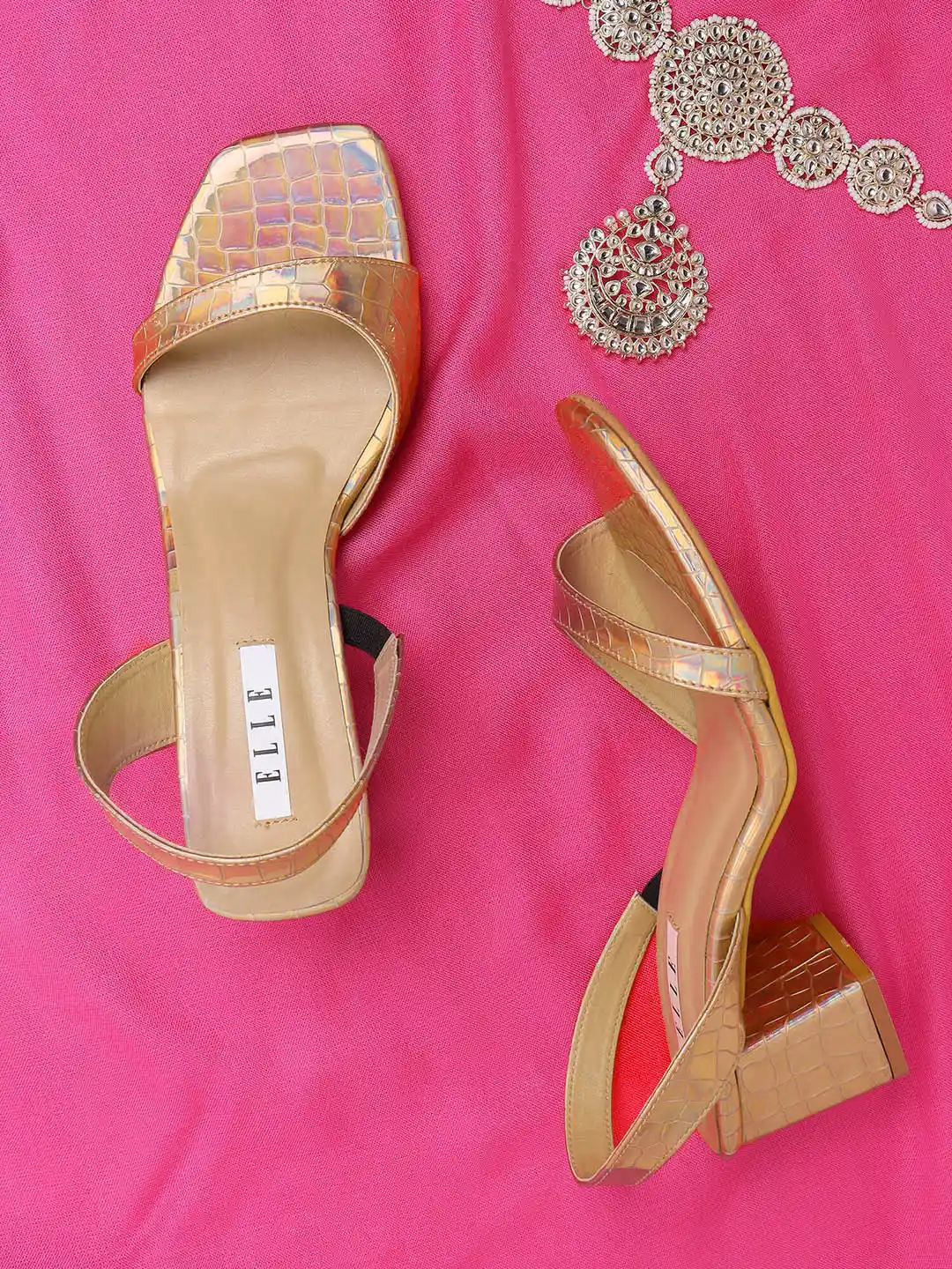 ELLE Gold-Toned Textured Block Sandals Inch Heels
