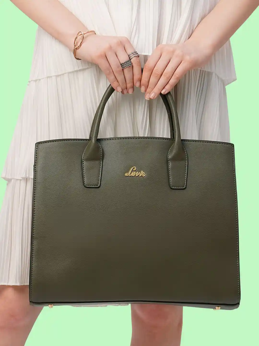 Buy Lavie Ellon Olive Green Solid Structured Laptop Handheld Bag