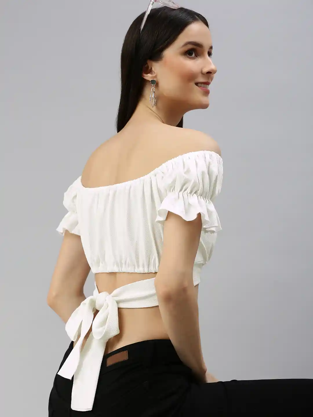 Buy AAHWAN White Off-Shoulder Bardot Crop Top Tops for Women