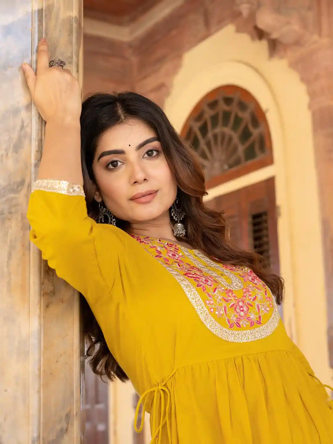 Buy Yufta Mustard Yellow Cotton Mirror Work Tiered Maxi Dress