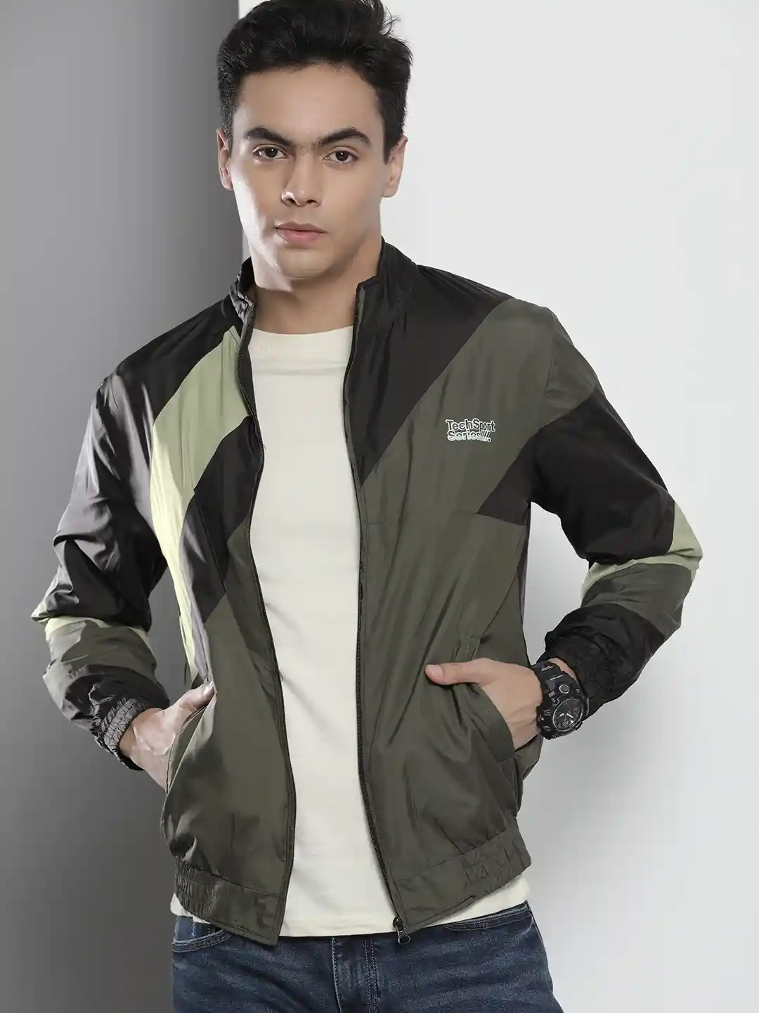 The Indian Garage Co Men Olive Green Black Colourblocked Windcheater  Tailored Jacket