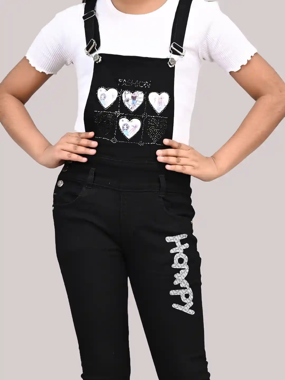 Buy Elendra jeans Girls Black Solid Slim-Fit Denim Dungarees