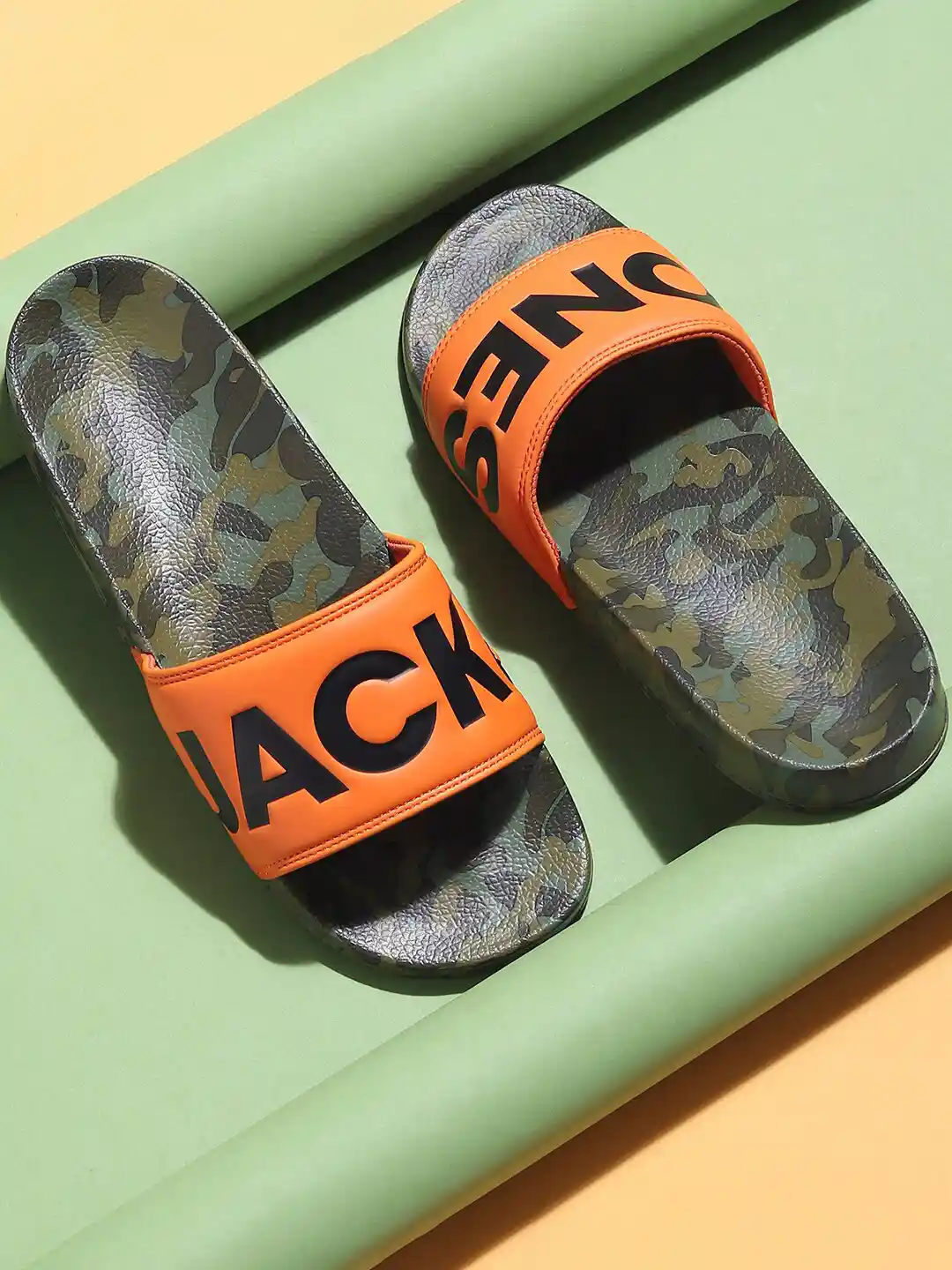 Buy Jack Jones Men Orange Grey Printed Sliders Flip Flops