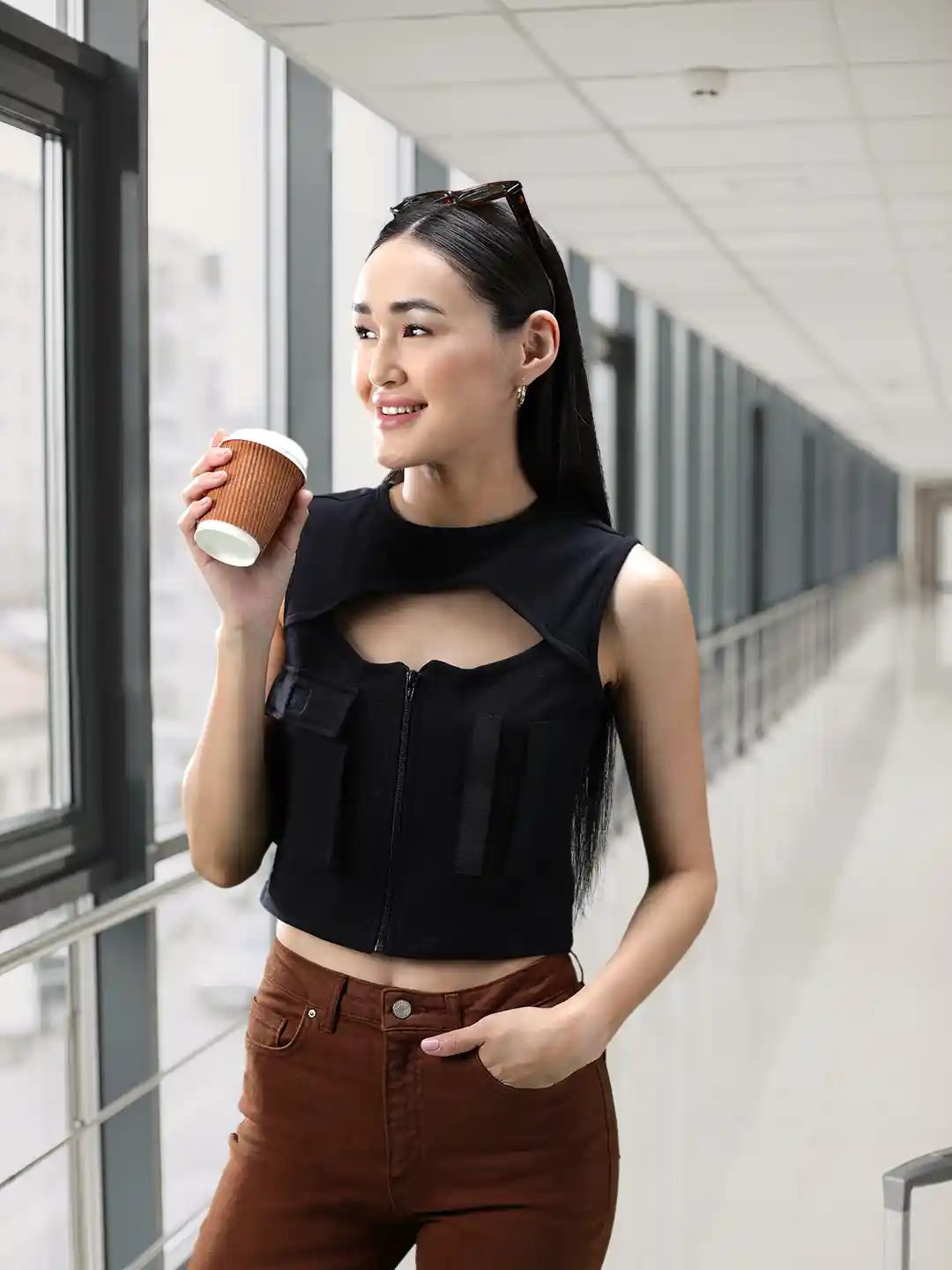 Buy FOREVER 21 Women Black Solid Cut Out Front Open Top Tops for