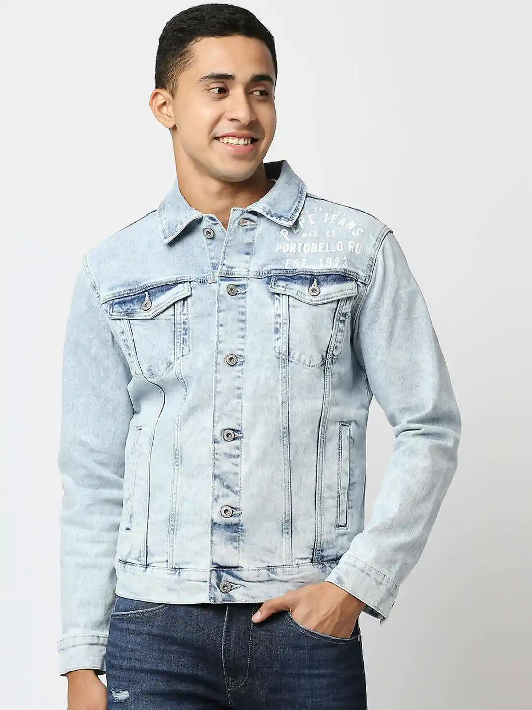 Buy Pepe Jeans Men Blue Washed Checked Crop Denim Jacket Jackets