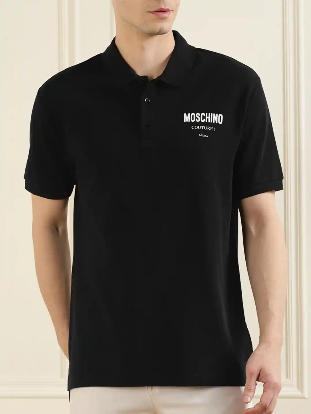 Buy MOSCHINO COUTURE Men Black Polo Collar Pure Cotton T-shirt
