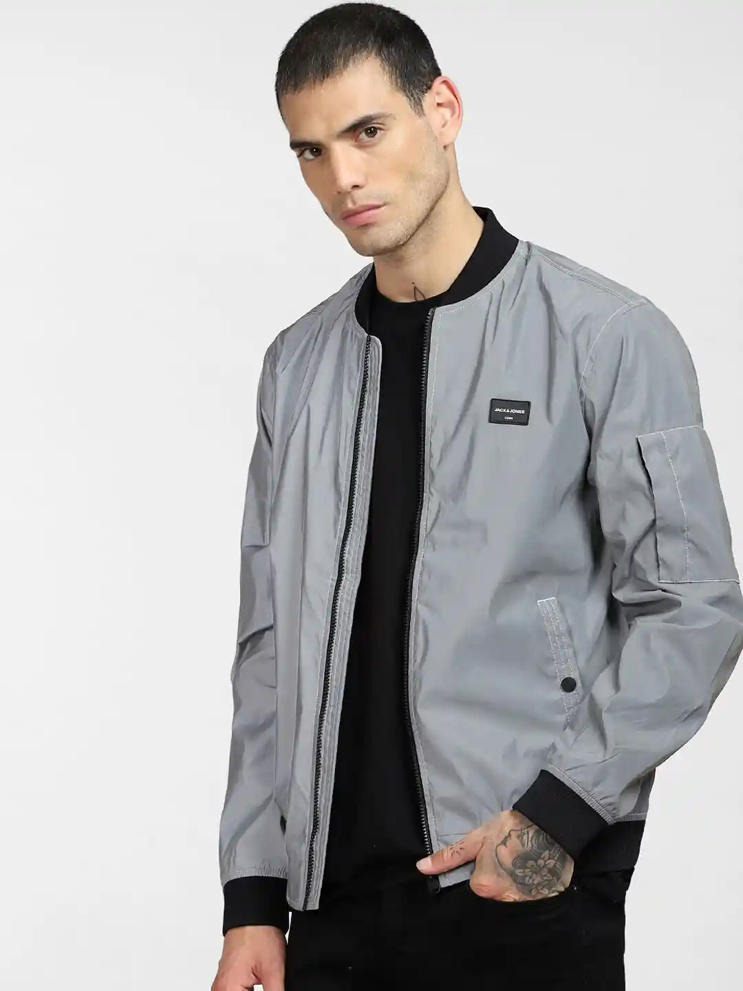 Jack Jones Men Grey Colourblocked Bomber Jacket - Main Image