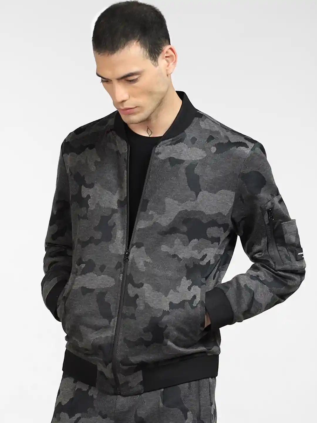 Jack Jones Men Grey Camouflage Bomber Jacket