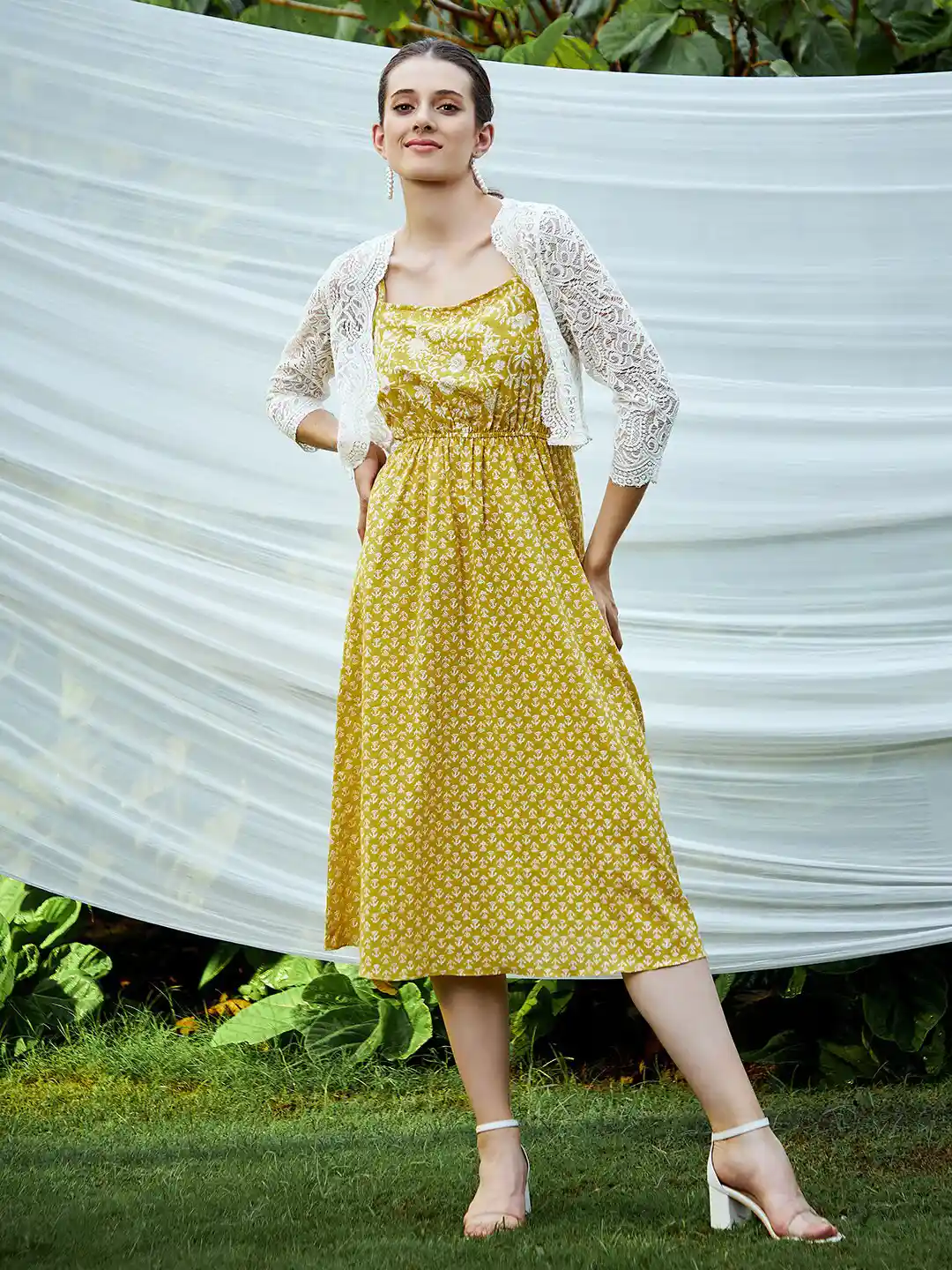 Buy Athena Yellow White Floral Midi Dress With Lace Jacket