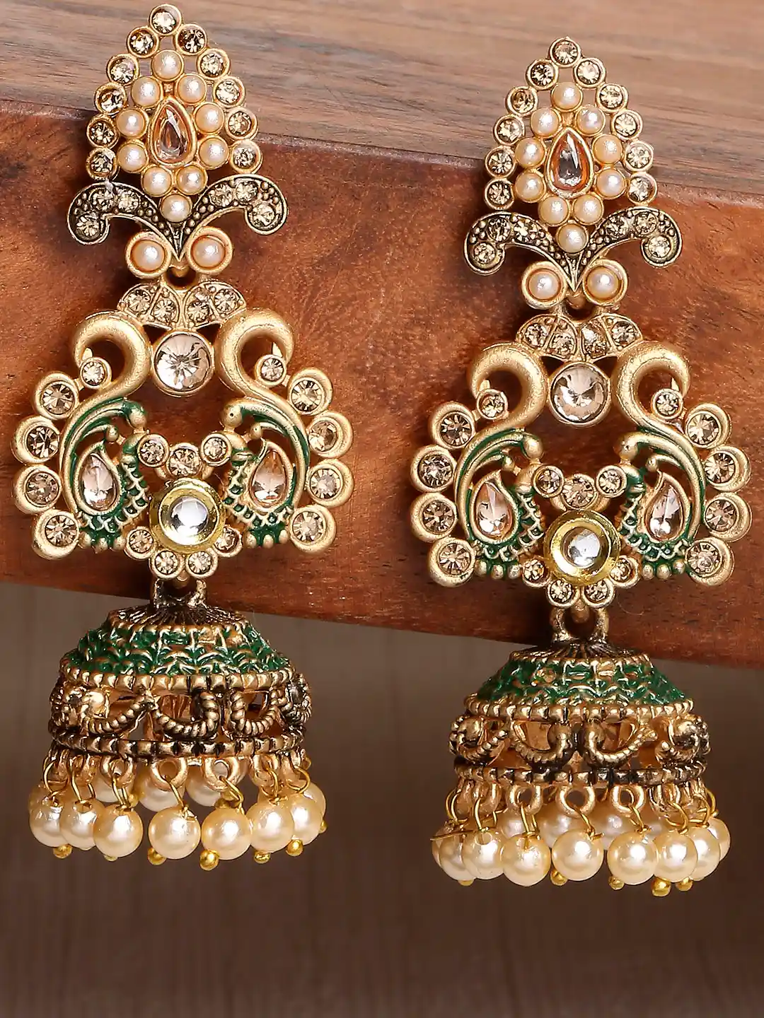 OOMPH Golden Green Peacock Shaped Jhumka Earrings