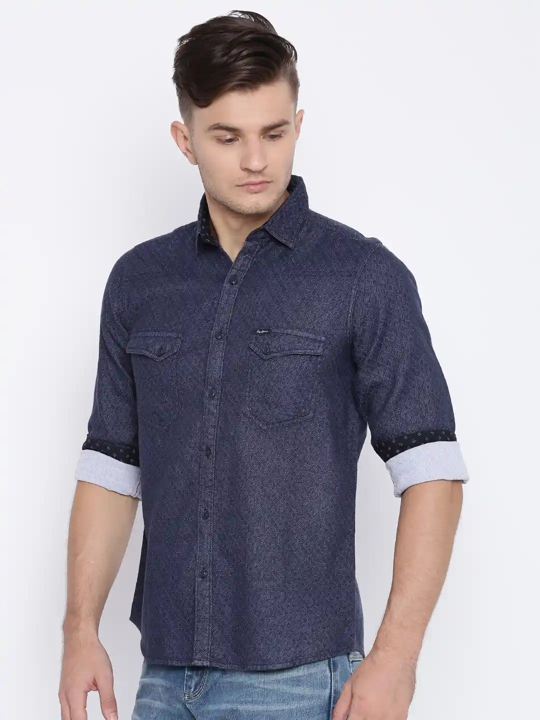 Buy Pepe Jeans Men Navy Blue Semi Fit Self Design Casual Shirt