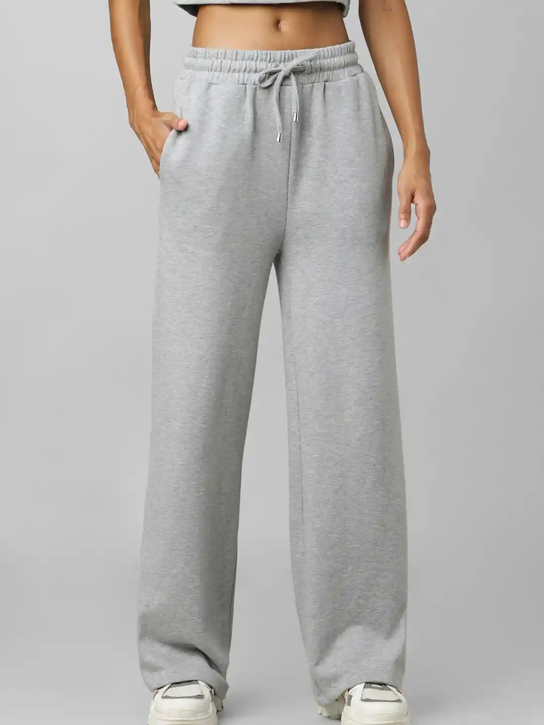 ONLY Women Grey Melange Solid Straight-Fit Cotton Track Pants