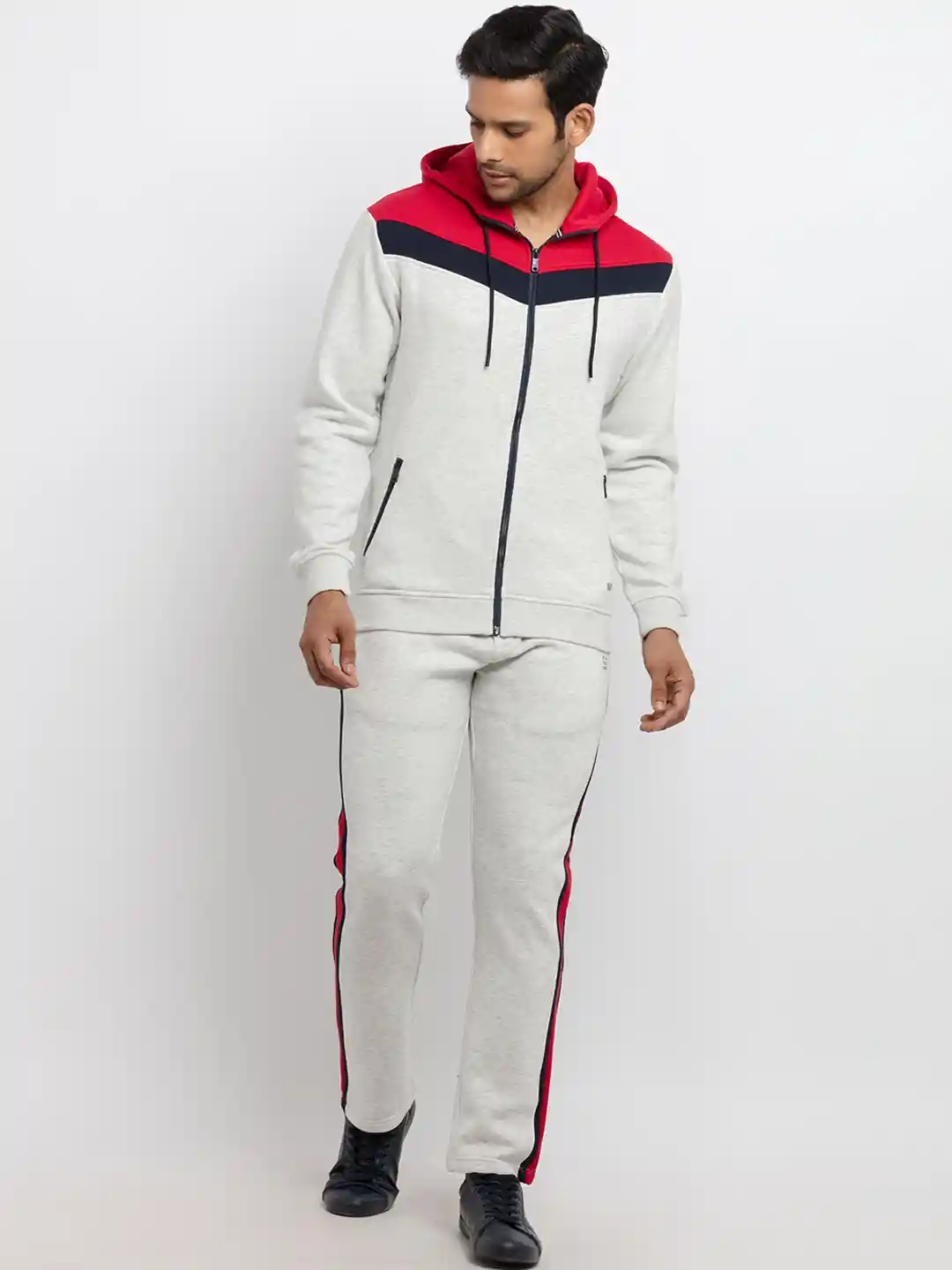 Status Quo Men Grey Red Colourblocked Cotton Tracksuit