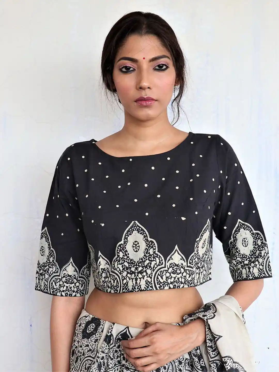 Chidiyaa Women Black Off White Printed Cotton Blouse