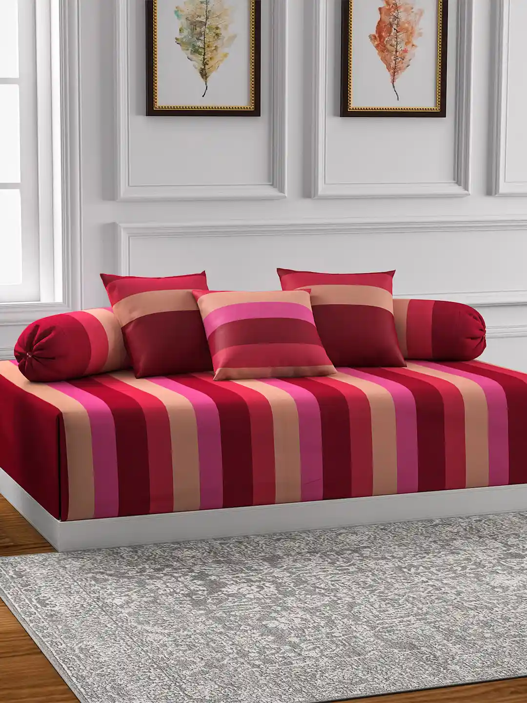 Bolster Diwan Pillow Covers Swayam Magenta Beige Striped Diwan Set