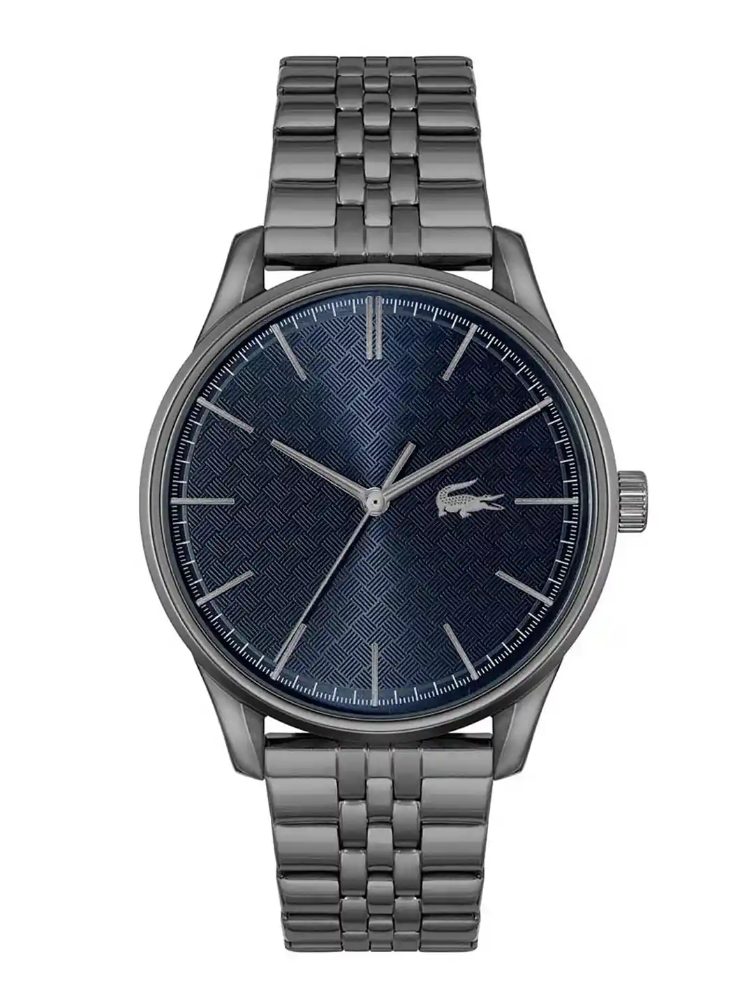 Lacoste Men Blue Brass Dial Grey Stainless Steel Bracelet Style Straps  Analogue Watch