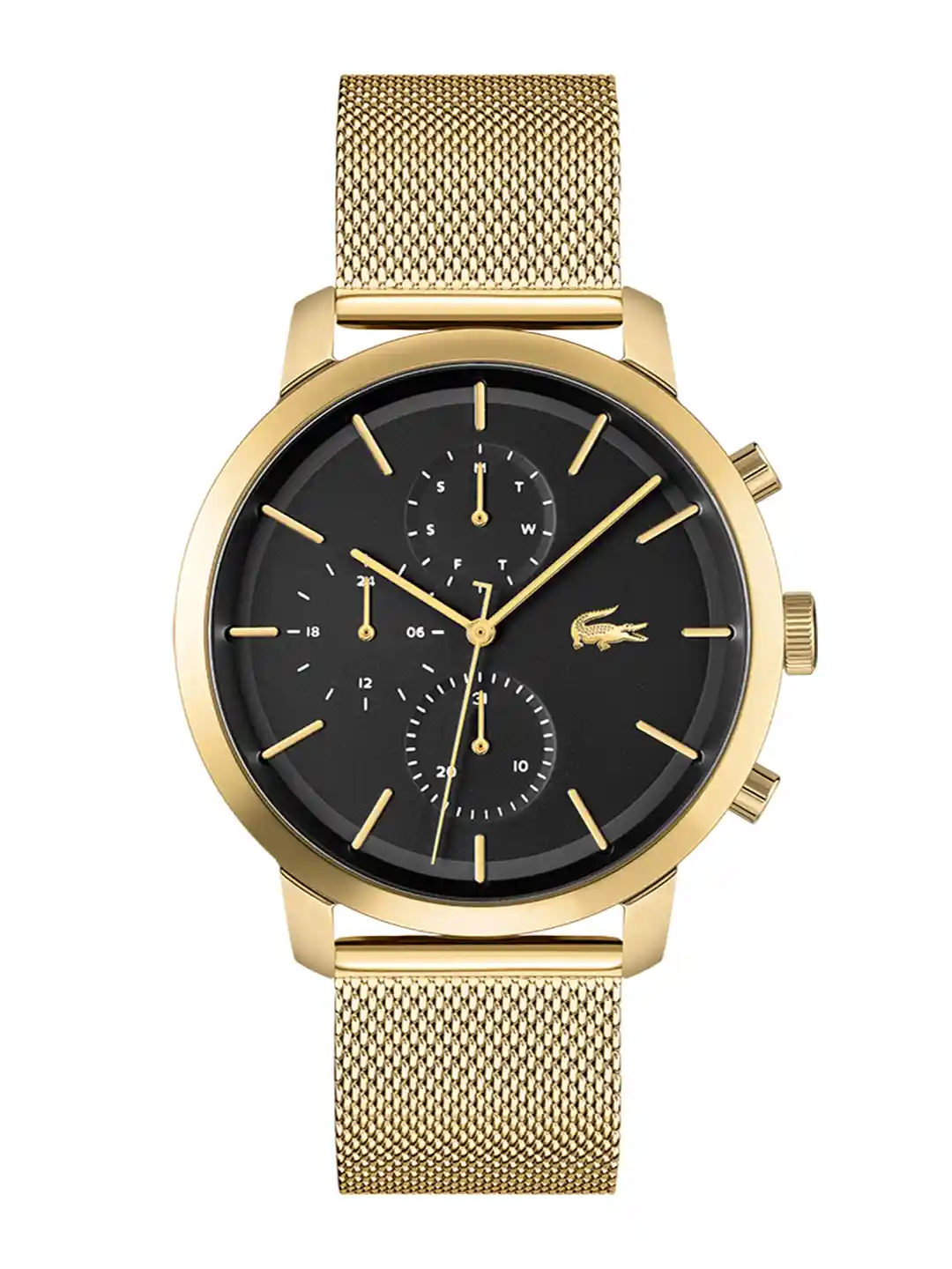 Lacoste Men Black Brass Dial Gold Toned Stainless Steel Bracelet Style  Straps Analogue Multi Function Watch