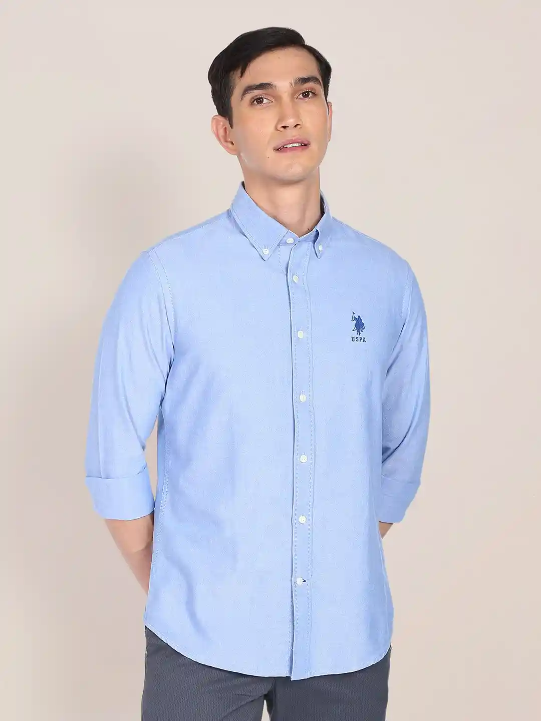 Buy U S Polo Assn Men Light Blue Embroidered Tailored Fit Pure - Main Image
