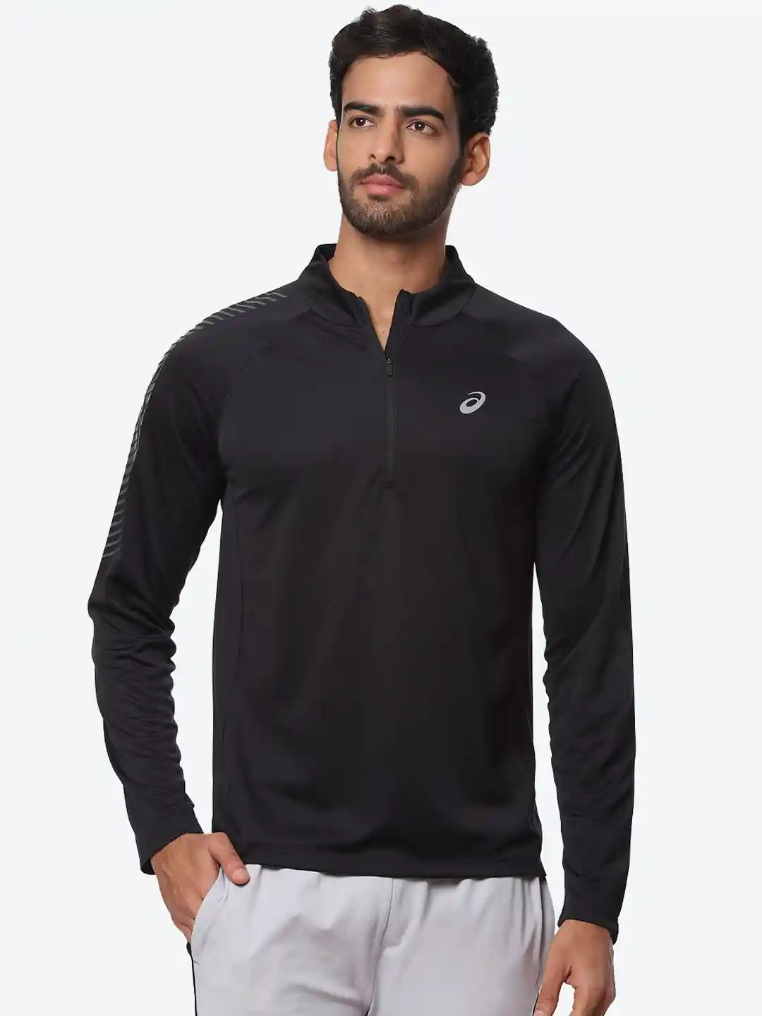 Buy ASICS Icon Men Black Solid Half-Zipper Mandarin Collar LS T